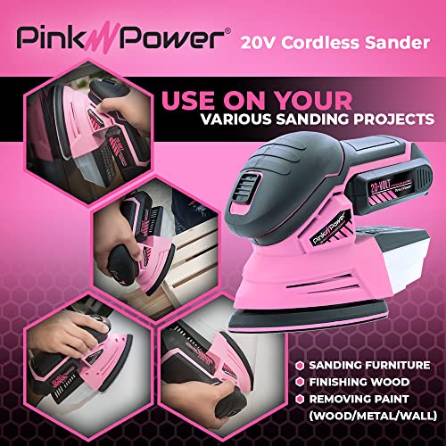 Pink Power Sandpaper for 20V PP204 Cordless Electric Hand Sander - Detail Sand Paper Hook & Loop P60/P80/P120 Grit Sandpaper Pads for Wood, Pink Power
