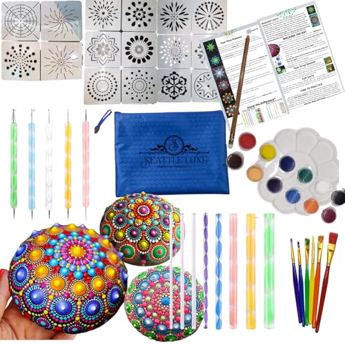 Seattle Luxe 50 Piece Mandala Dotting Tools, Easy-to-Follow Instructions w/Paint, Stencils, & More. Mandala Dot Art, Mandala Rock Painting Kit,