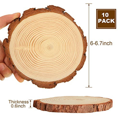 10 PCS 6-6.7 Inch Nature Unfinished Wood Slices, Round Wooden Circle with Tree Bark, Natural Pine Wood Slabs Rustic Wood Slices for DIY Crafts,