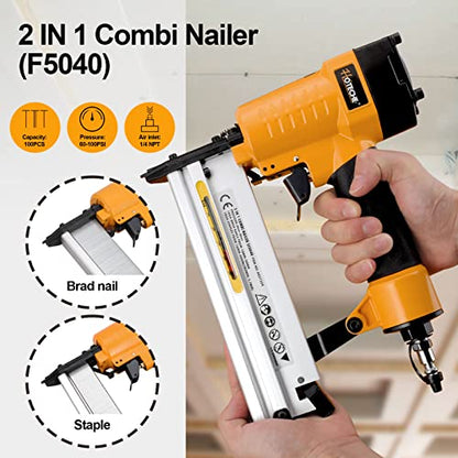 Hoteche 2-in-1 Pneumatic Brad Nailer 18Ga 3/8-Inch to 2-Inch Staple Gun Kit Framing Palm Nail Gun for Wood Working and Roofing Pin Nailer with