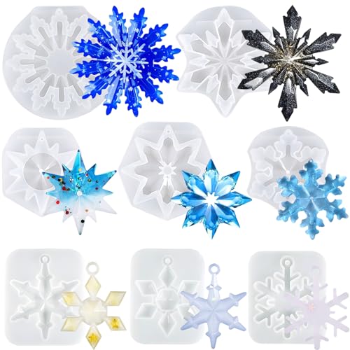 Christmas Resin Molds 8Pcs 3D Ice Crystal Snowflake Silicone Epoxy Resin Mold Soap Keychain Jewelry Casting Silicone Mold for Christmas Tree Home