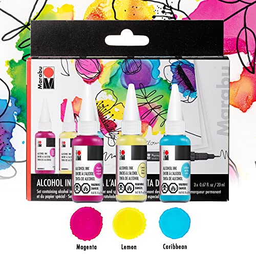 Marabu Alcohol Ink Starter Kit - 3 Color Alcohol Ink Set with Alcohol Ink Paper and Permanent Marker - Magenta, Lemon, Caribbean Alcohol Ink for Marabu