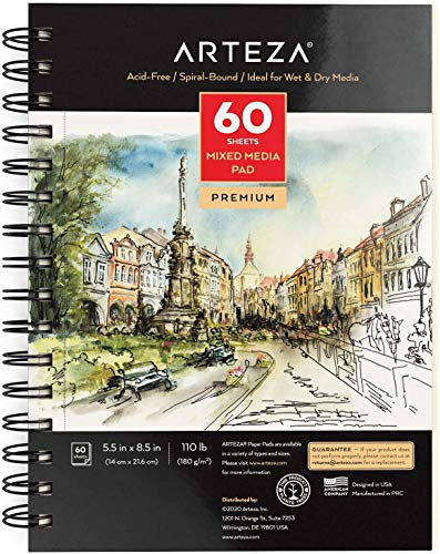 Arteza Mixed Media Sketchbooks, Pack of 3, 5.5 x 8.5 Inches, 60-Sheet Drawing Pads with 110lb Paper, Spiral-Bound, Art Supplies for Wet and Dry Media ARTEZA