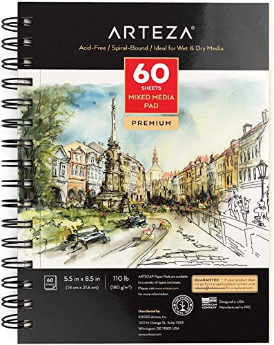 Arteza Mixed Media Sketchbooks, Pack of 3, 5.5 x 8.5 Inches, 60-Sheet Drawing Pads with 110lb Paper, Spiral-Bound, Art Supplies for Wet and Dry Media