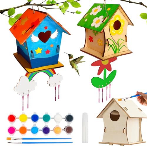 BELLOCHIDDO 2 Pack DIY Birdhouse Wind Chime Kit-Wooden Crafts Arts for Kids to Build and Paint,Craft Kits Includes Paints & Brushes,Halloween Gifts