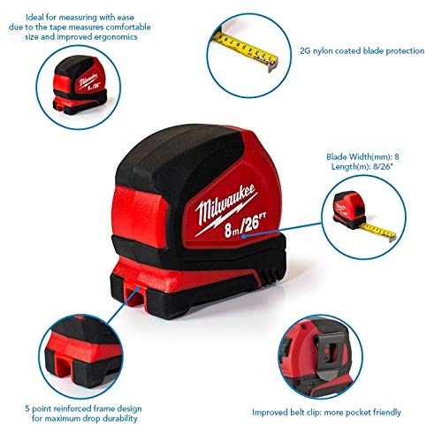 Milwaukee 4932459596 8m/26ft Pro Compact Tape Measure, Red - WoodArtSupply