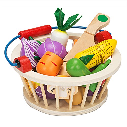 Victostar Magnetic Wooden Cutting Fruits Vegetables Food Play Toy Set with Basket for Kids (Vegetables) Victostar