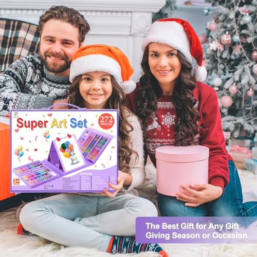 Art Supplies, 272 Pack Art Set Drawing Kit for Girls Boys Teens Artist, Deluxe Gift Art Box with Trifold Easel, Origami Paper, Coloring Pad, Drawing POPYOLA