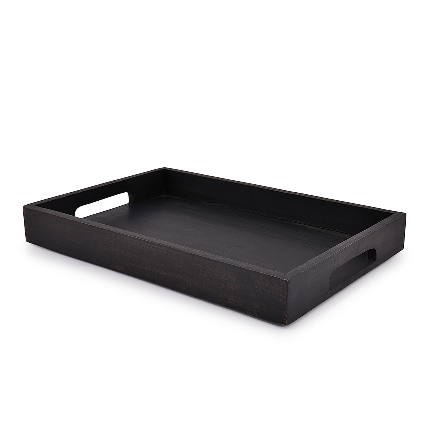 EDHAS Acacia Wood Rectangle BLACK Serving Tray for Breakfast Dinner Drinks Kitchen Dining Living Bathroom With Handle (15" x 10" x 1.6") EDHAS