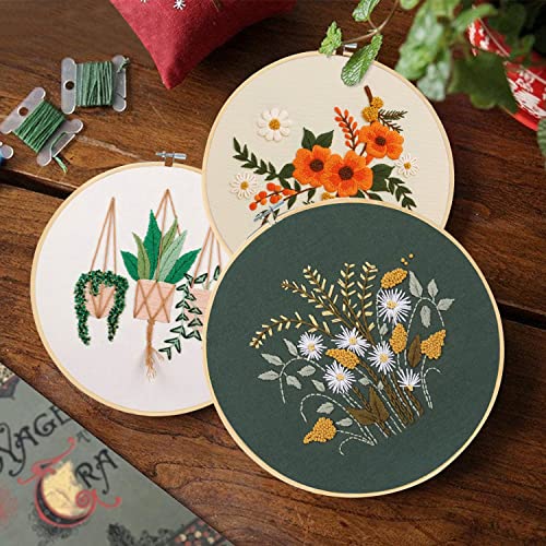 Santune 3 Sets Embroidery Starter Kit with Pattern and Instructions, Cross Stitch Set, Stamped Embroidery Kits with 3 Embroidery Clothes with Santune