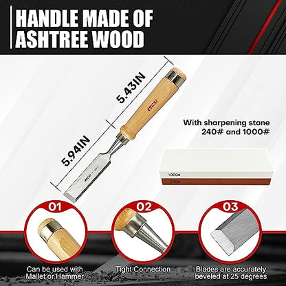 C&T 8 Pieces Premium Wood Chisel Set with Wooden Case,6 Pieces Wood Chisel with 2 Sharpening Stone,Woodworking Carving Chisel Kit,Chrome Vanadium - WoodArtSupply