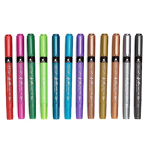 ZEYAR Acrylic Paint Pen, Needle Extra Fine and Chisel Point, 12 Metallic Colors, Waterproof Ink, Works on Rock, Wood, Glass, Metal, Ceramic and More ZEYAR
