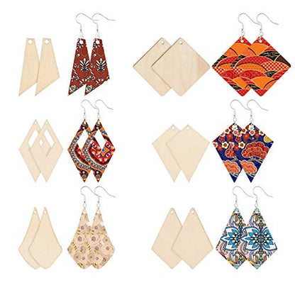 PH PandaHall Unfinished Wooden Earrings Blank, 60pcs 6 Styles Rhombus Natural Wood Drop Dangles with 60pcs Earring Hooks 60pcs Jump Rings for Jewelry