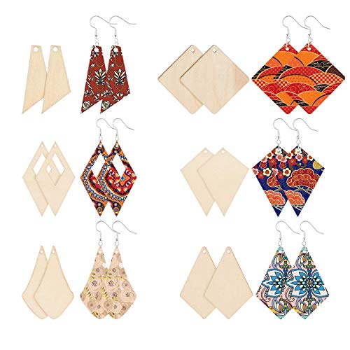 PH PandaHall Unfinished Wooden Earrings Blank, 60pcs 6 Styles Rhombus Natural Wood Drop Dangles with 60pcs Earring Hooks 60pcs Jump Rings for Jewelry - WoodArtSupply