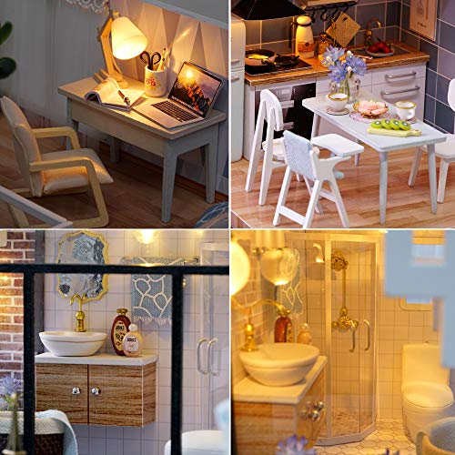 MAGQOO 3D Wooden Dollhouse Miniature DIY House Kit with Furniture,1:24 DIY Dollhouse Kit Dust Proof Included (Blue Times) MAGQOO