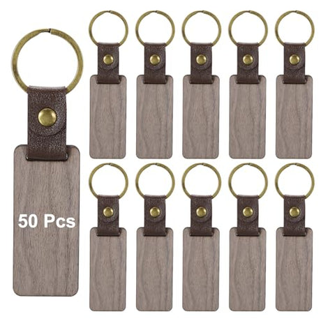 PATIKIL Wood Keychain Blanks, 50pcs Wooden Keychain Blanks Personalized Keychain Tags Small Rectangle Key Chain Bulk Unfinished Walnut Leather Strap PATIKIL