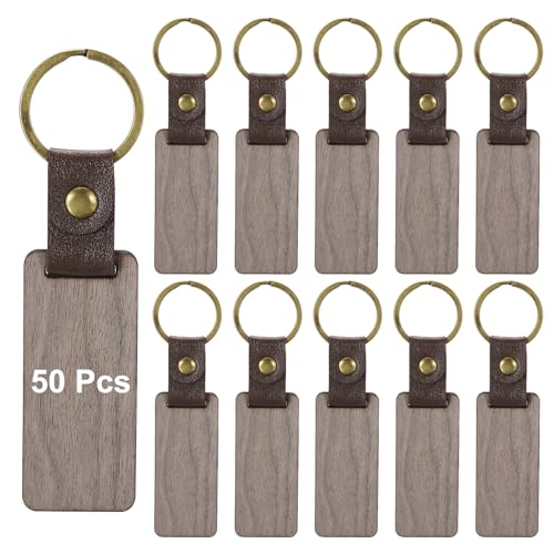 PATIKIL Wood Keychain Blanks, 50pcs Wooden Keychain Blanks Personalized Keychain Tags Small Rectangle Key Chain Bulk Unfinished Walnut Leather Strap - WoodArtSupply