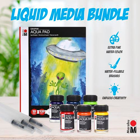 Marabu Watercolor Paint Set - Watercolor Paper Pad with 20 Sheets, A4 220 GSM - 6 Watercolor Inks, 3 Refillable Water Brushes - Watercolor Kit for Marabu