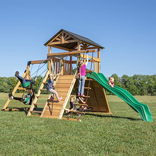 Backyard Discovery Endeavor All Cedar Wood Swing Set Playset for Backyard with Large Clubhouse Wave Slide Rope Ladder Rock Climbing Wall Wave Slide 2