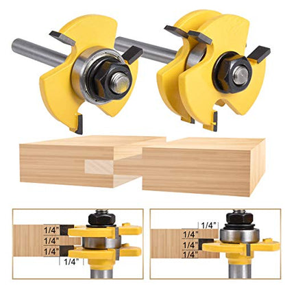 Tongue and Groove Router Bit Set, 2 Pcs 1/4 Inch Shank Router Bit Kits Wood Door Flooring 3 Teeth Adjustable T Shape Wood Milling Cutter Woodworking