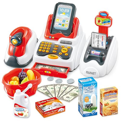 FunzBo Cash Register for Kids Toys - Grocery Store Pretend Play for Girls Boys Toy Cashier Registers with Scanner and Sound, Credit Card Reader,