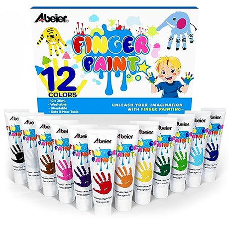 ABEIER Washable Finger Paint for Toddlers, Safe Non-Toxic, 12 Vibrant Colors (1.21fl oz), Baby Safe Paint for Hand and Feet, Mess Free Art Supplies ABEIER