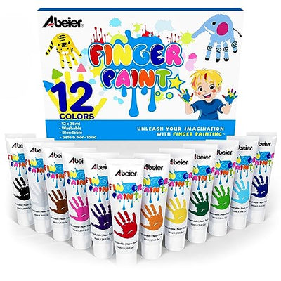 ABEIER Washable Finger Paint for Toddlers, Safe Non-Toxic, 12 Vibrant Colors (1.21fl oz), Baby Safe Paint for Hand and Feet, Mess Free Art Supplies