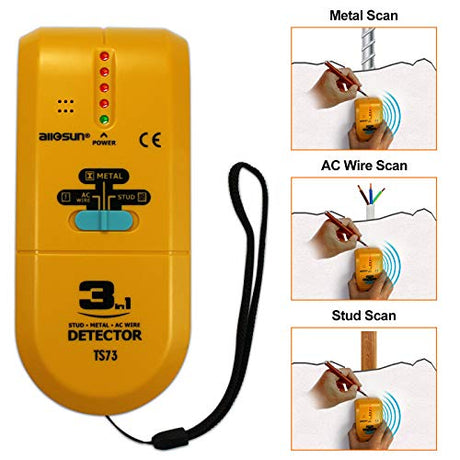 ALLOSUN TS73 3 in 1 LED Wood Stud FinderMulti Stud ScannerElectronic Stud Sensor Wire Cable Wall Metal Detector Finder Home Decoration, yellow ALLOSUN