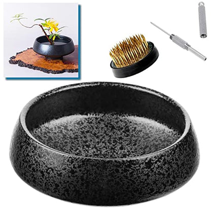 Japanese Ikebana Vase Kit, Flower Shallow Container Ceramics Flower Bowl Flower Arrangement Vase with 1.57inch Flower Frog and 2 in 1 Kenzan Needle - WoodArtSupply