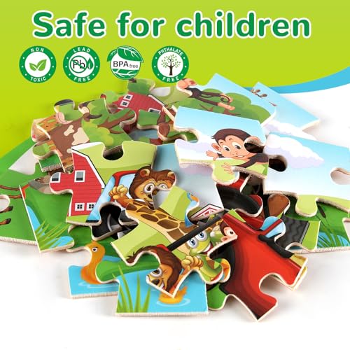 Wooden Puzzles Toys for Kids Ages 3-5, Set of 4 Packs with 24-Piece Farm, Insects, Animals Wood Jigsaw Puzzles, Preschool Educational Brain Teaser NASHRIO