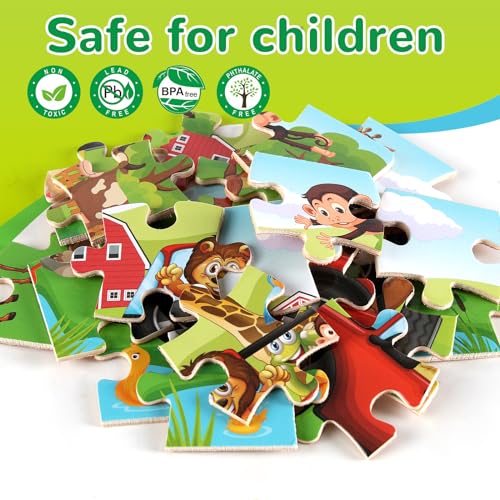 Wooden Puzzles Toys for Kids Ages 3-5, Set of 4 Packs with 24-Piece Farm, Insects, Animals Wood Jigsaw Puzzles, Preschool Educational Brain Teaser
