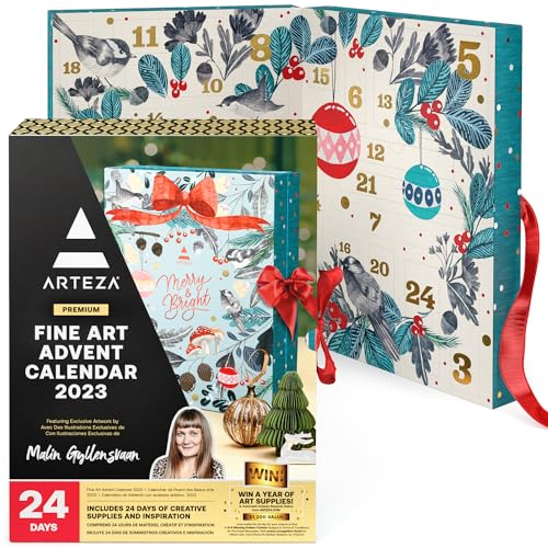 Arteza Advent Calendar 2023 (Fine Art, 24 Days) Art Supplies Holiday Gift for Adults, Includes Acrylic, Oil, Gouache Watercolor Paints, Chrome ARTEZA