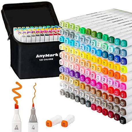 AnyMark Alcohol Markers, 120 Colors Alcohol Markers Set, Dual Tips Alcohol-Based Art Markers for Kids Adult Artists Drawing Coloring Sketch, Chisel & AnyMark