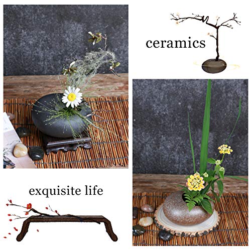 WANDIC Flower Arrangement Vase Kit, Black Pebble Ceramic Planter Pot with 4cm Kenzan Flower Frog Pottery Floral Arranging Pin Needle Holder for Desk - WoodArtSupply