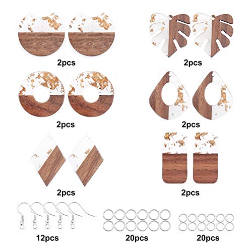 SUNNYCLUE 6 Pairs Resin Wood Dangle Drop Earring Making Starter Kit Round Rectangle Leaf Jewelry Pendants Making Supplies for Women Beginners, SUNNYCLUE