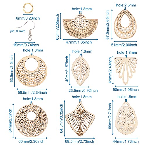Elecrelive 48pcs Unfinished Wooden Dangle Earring Making Kit 8 Styles Burlywood Filigree Earrings Pendants Blank with Jump rings & Earring Hooks for EEE ELECRELIVE