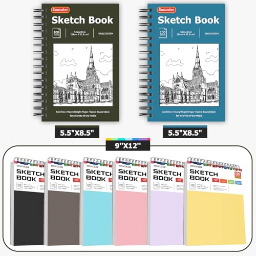 Soucolor 5.5" x 8.5" Sketch Book, 100 Sheets Spiral Bound Art Sketchbook, Acid Free (68lb/100gsm) Artist Drawing Book Paper Painting Sketching Pad (2 Soucolor