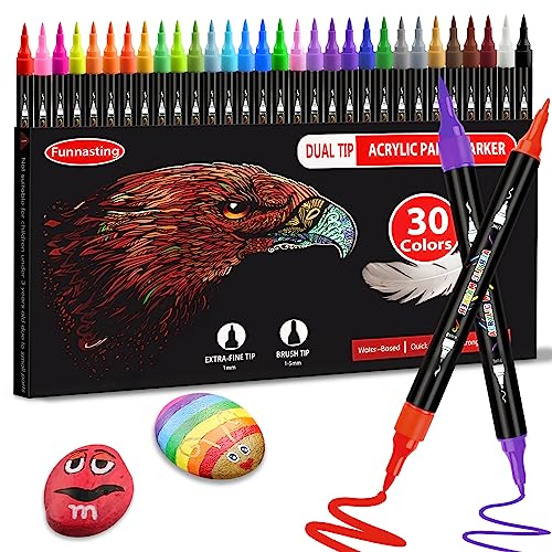 Funnasting Acrylic Paint Pens, 30 Colors Dual Tip Acrylic Paint Markers, Glass Pens with Brush Tip and Fine Tip, Rock Painting Pens for Wood, Canvas,