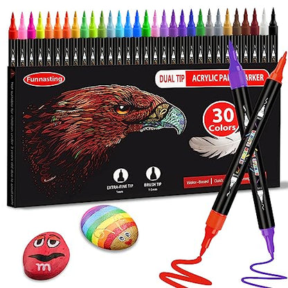 Funnasting Acrylic Paint Pens, 30 Colors Dual Tip Acrylic Paint Markers, Glass Pens with Brush Tip and Fine Tip, Rock Painting Pens for Wood, Canvas,