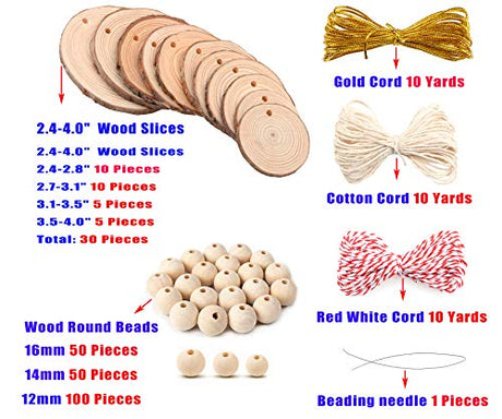 AD Beads 230 Pieces Natural Wood Slices and Round (30 Pieces Slices, 16mm 50 Pieces, 14mm 50 Pieces, 12mm 100 Pieces) Plus 30 Yards Craft String kit AD Beads