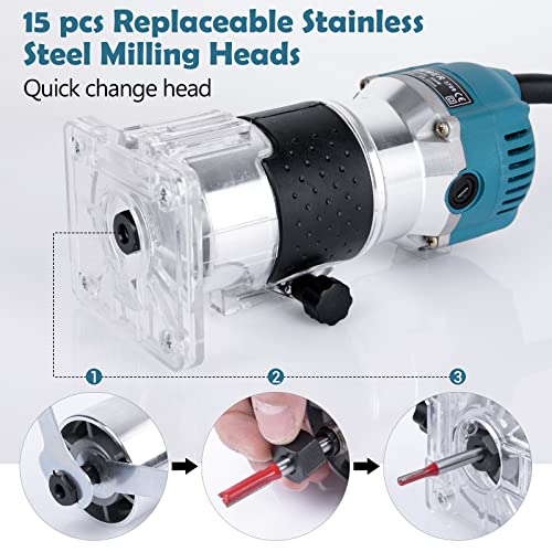 800W Compact Wood Router Tool, Handheld Palm Routers for Woodworking with 6 Variable Speed,Electric Trimmer Wood Router with 15pcs Router Bits,Wood MeiMeiDa