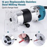 800W Compact Wood Router Tool, Handheld Palm Routers for Woodworking with 6 Variable Speed,Electric Trimmer Wood Router with 15pcs Router Bits,Wood MeiMeiDa