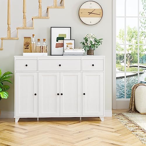HIFIT Buffet Cabinet White Sideboard Storage Cabinet with 3 Drawers & 4 Doors Adjustable Shelves, 47” Modern Coffee Bar Cabinet, Wood Accent Cabinet HIFIT