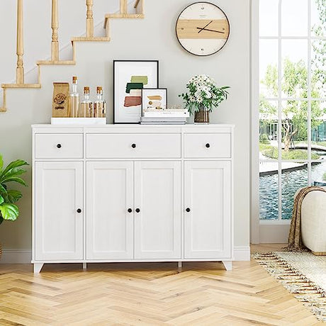 HIFIT Buffet Cabinet White Sideboard Storage Cabinet with 3 Drawers & 4 Doors Adjustable Shelves, 47” Modern Coffee Bar Cabinet, Wood Accent Cabinet HIFIT
