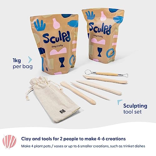 Sculpd Pottery Kit, Air Dry Clay Starter Kit for Beginners with Matte Varnish, Pottery Kit for Two Includes Paint, Tool Set, Paintbrushes, Sponge and - WoodArtSupply