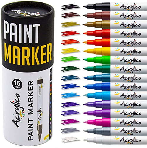 Acrylic Paint Pens for Rock Painting Set of 16 Paint Markers Extra Fine Tip for Wood, Canvas, Plastic, Ceramic, Glass, Drawing Craft Supplies for Acrylico