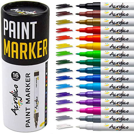 Acrylic Paint Pens for Rock Painting Set of 16 Paint Markers Extra Fine Tip for Wood, Canvas, Plastic, Ceramic, Glass, Drawing Craft Supplies for Acrylico