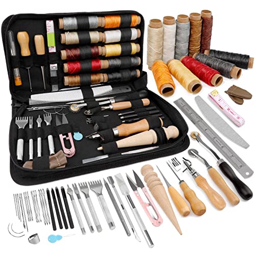 TLKKUE Leather Working Tool Kit, Leather Crafting Tools and Supplies for Beginners Leather Sewing Upholstery Repair Kit with Waxed Thread Awl Needle - WoodArtSupply