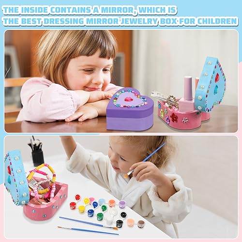 Kigley 6 Sets Paint Your Own Wooden Heart Boxes Arts and Craft Paint Kits Unfinished Wood Jewelry Box for Ages 2-12 Year Old Girls Boys DIY Craft Kigley