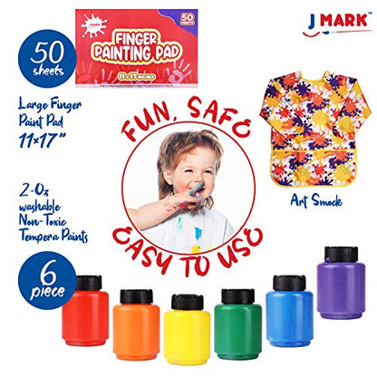 J MARK Complete Toddler Washable Finger Paint Set, Large Finger Paint Pad, Tempera Finger Paints, Smock and More - WoodArtSupply